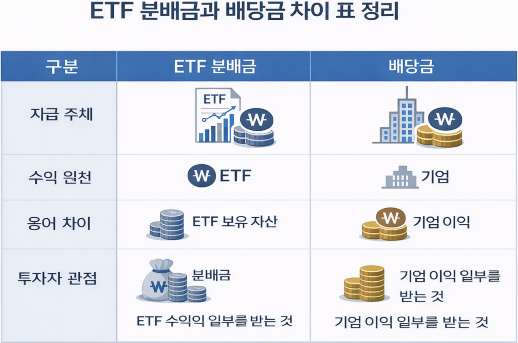 ETF 분배금과 주식 배당금 비교 표