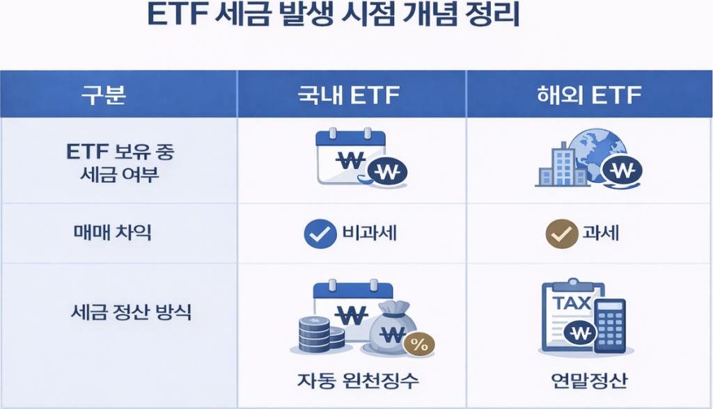 ETF 세금 언제 발생하는지 매도와 배당 기준으로 정리한 인포그래픽