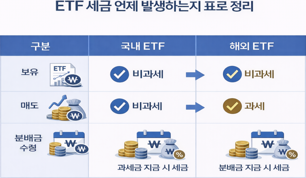 ETF 세금 언제 내는지 국내 ETF와 해외 ETF를 비교한 표