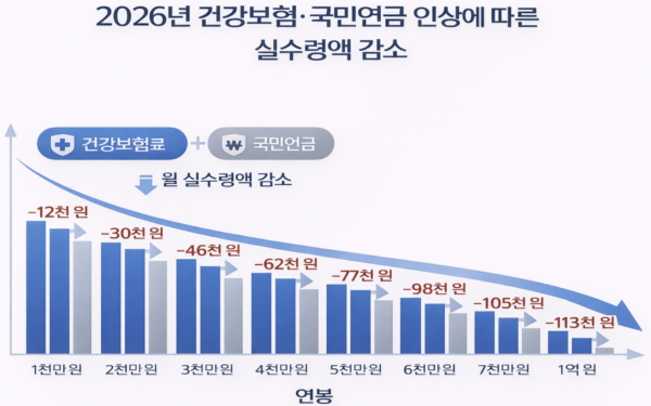 2026년 건강보험과 국민연금 인상으로 월 실수령액이 얼마나 줄어드는지 합산해 보여주는 그래프