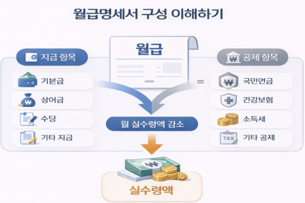 월급명세서 보는 법을 초보자 기준으로 지급액과 공제액, 실수령액 구조를 설명한 이미지